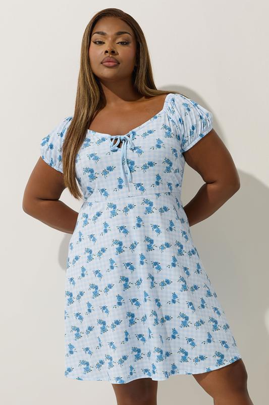 Limited Collection LIMITED COLLECTION Curve Blue Gingham Floral Mini Dress