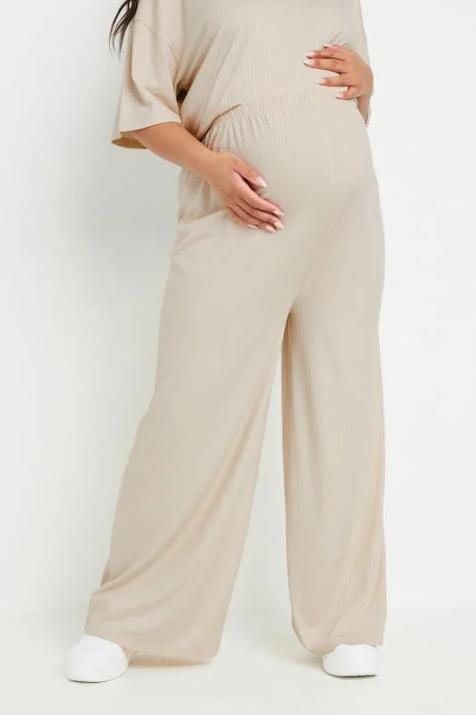 Bump It Up BUMP IT UP MATERNITY Curve Cream Premium Ribbed Wide Leg Trousers