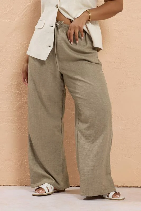 Yours YOURS Curve Natural Brown Linen Look Wide Leg Trousers