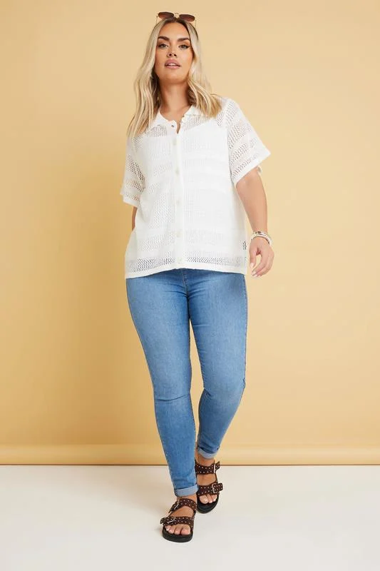 Yours YOURS Curve White Crochet Collared Knitted Top