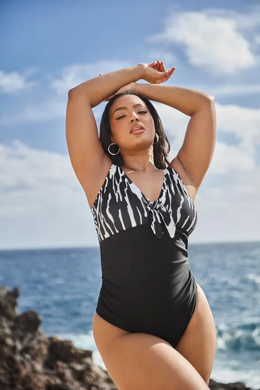 Yours YOURS Curve Black Abstract Print Detail Tie Front Swimsuit
