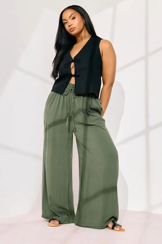 Yours YOURS Curve Khaki Green Chambray Tie Front Wide Leg Trousers