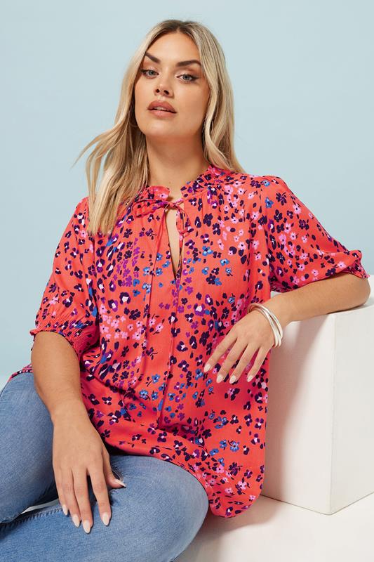Yours YOURS Curve Orange Floral Print Tie Neck Blouse