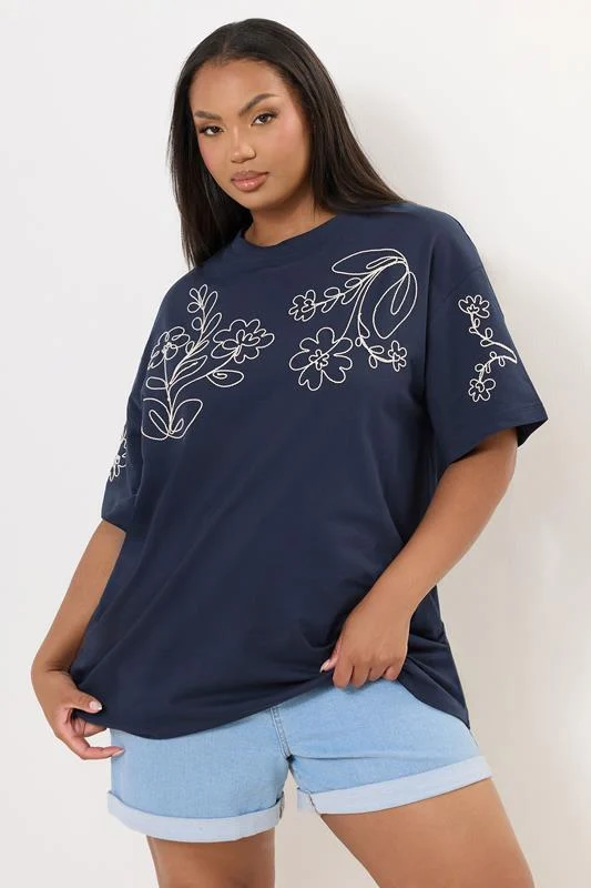 Yours YOURS Curve Navy Blue Floral Embroidered Oversized T-Shirt