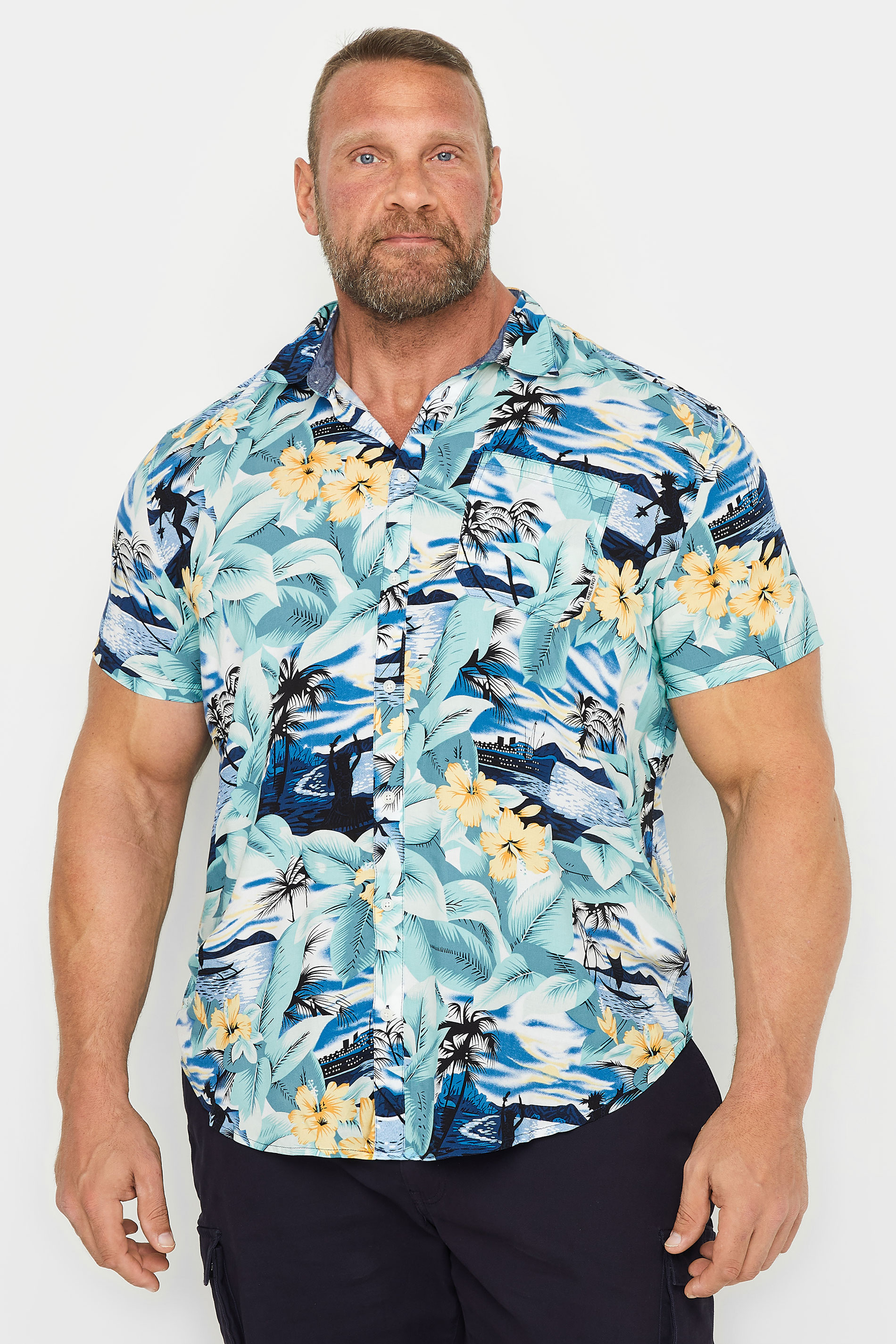 Blend BLEND Big & Tall Blue Beach Print Short Sleeve Shirt