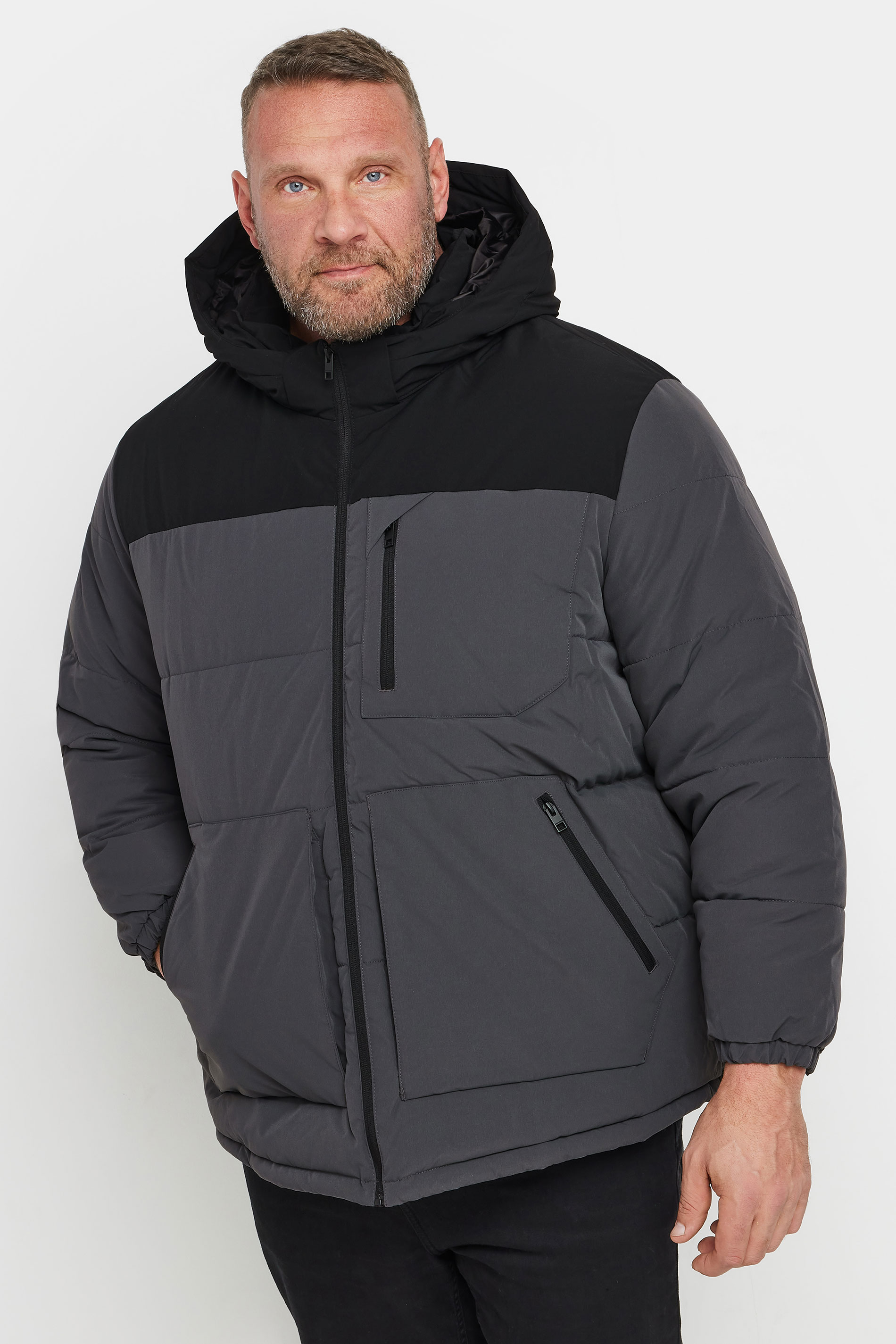 Jack & Jones JACK & JONES Big & Tall Grey Hooded Colourblock Puffer Jacket