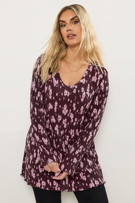 Yours YOURS Curve Purple Floral Print Plisse Tunic Top