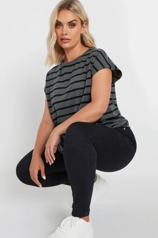 Yours YOURS Curve Charcoal Grey Stripe Grown On Sleeve T-Shirt