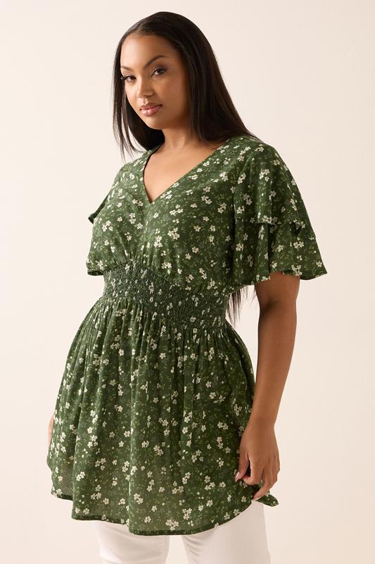 Yours YOURS Curve Green Floral Print Flutter Sleeve Top