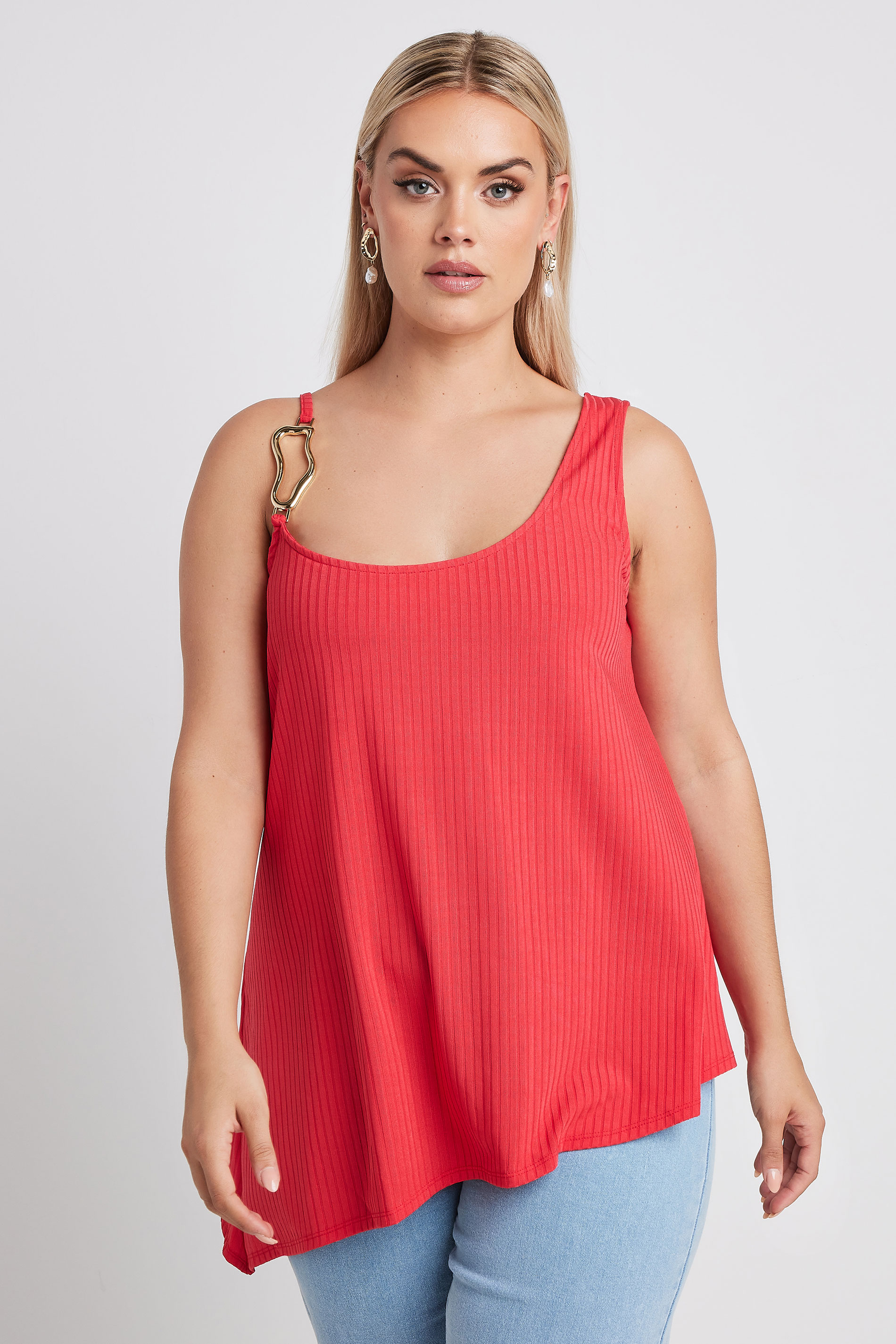 Yours YOURS Curve Red Metal Trim Ribbed Vest Top