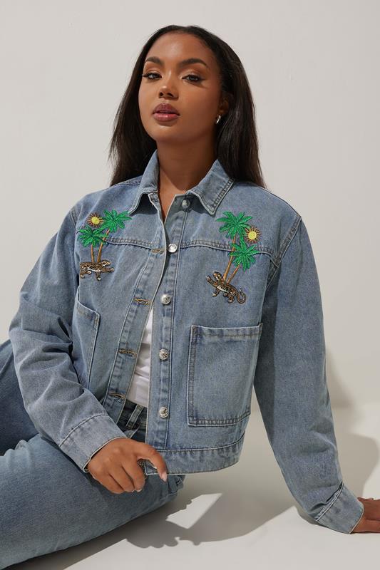 Limited Collection LIMITED COLLECTION Curve Blue Denim Palm Tree Embroidered Jacket