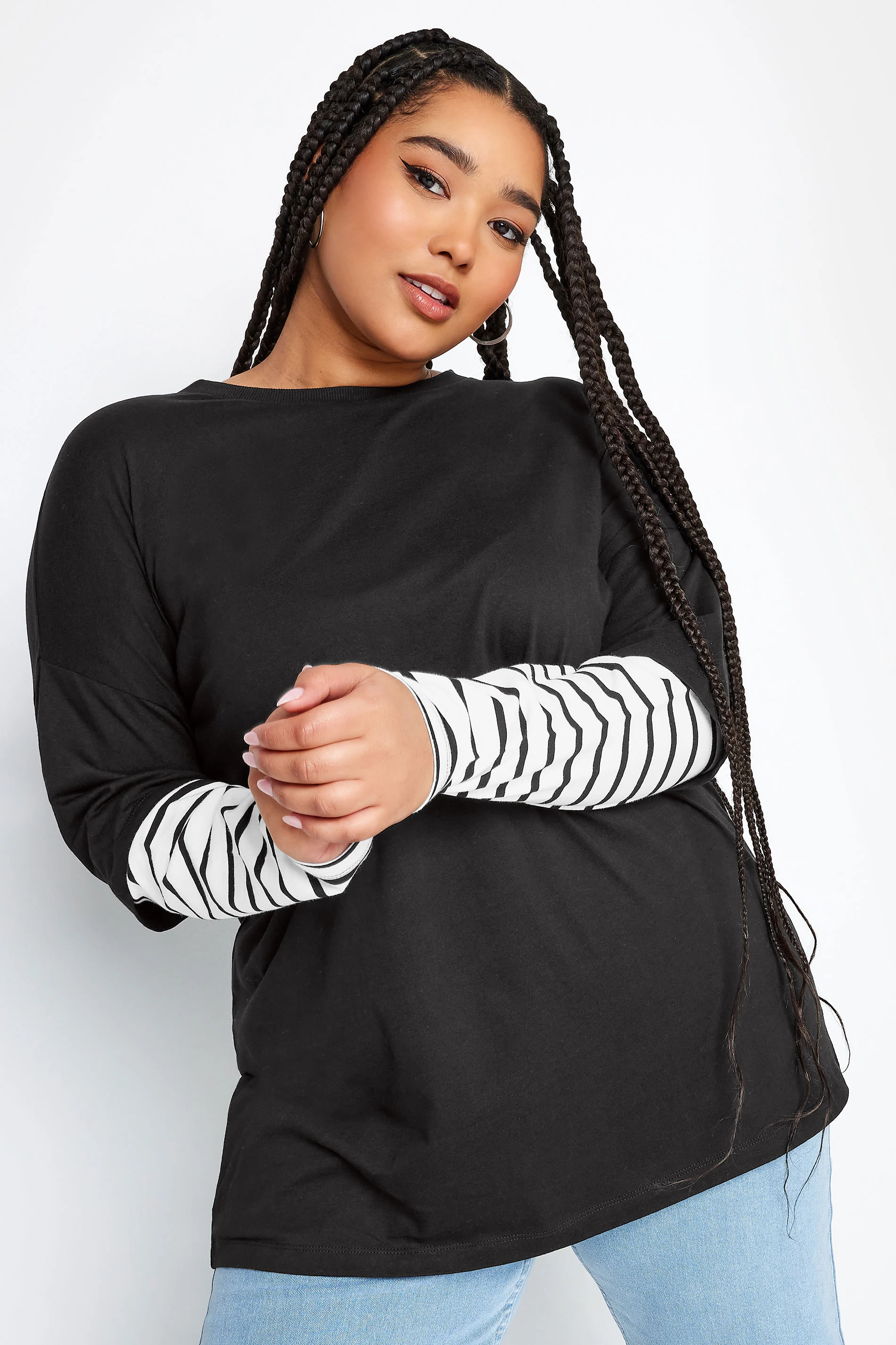 Yours YOURS Curve Black 2 In 1 Stripe Sleeve Top