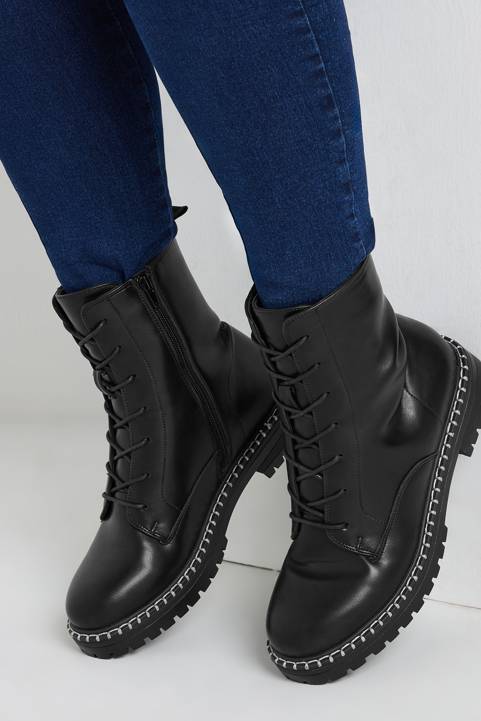 Yours Black Faux Leather Contrast Stitch Boots In Wide E Fit