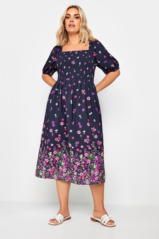 Yours Yours Curve Navy Blue Floral Border Print Shirred Midi Dress