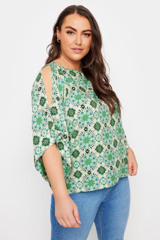 Yours YOURS Curve Green Abstract Print Cold Shoulder Blouse