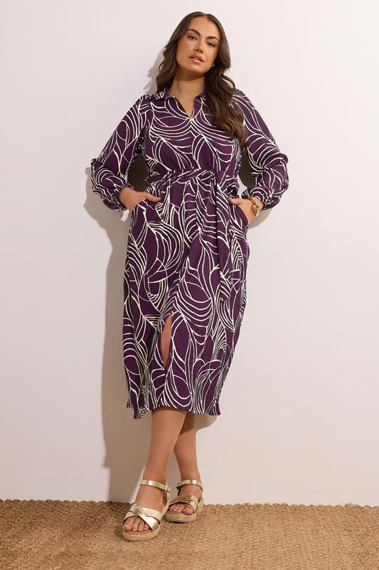Evans EVANS Curve Purple Linear Print Belted Shirt Dress