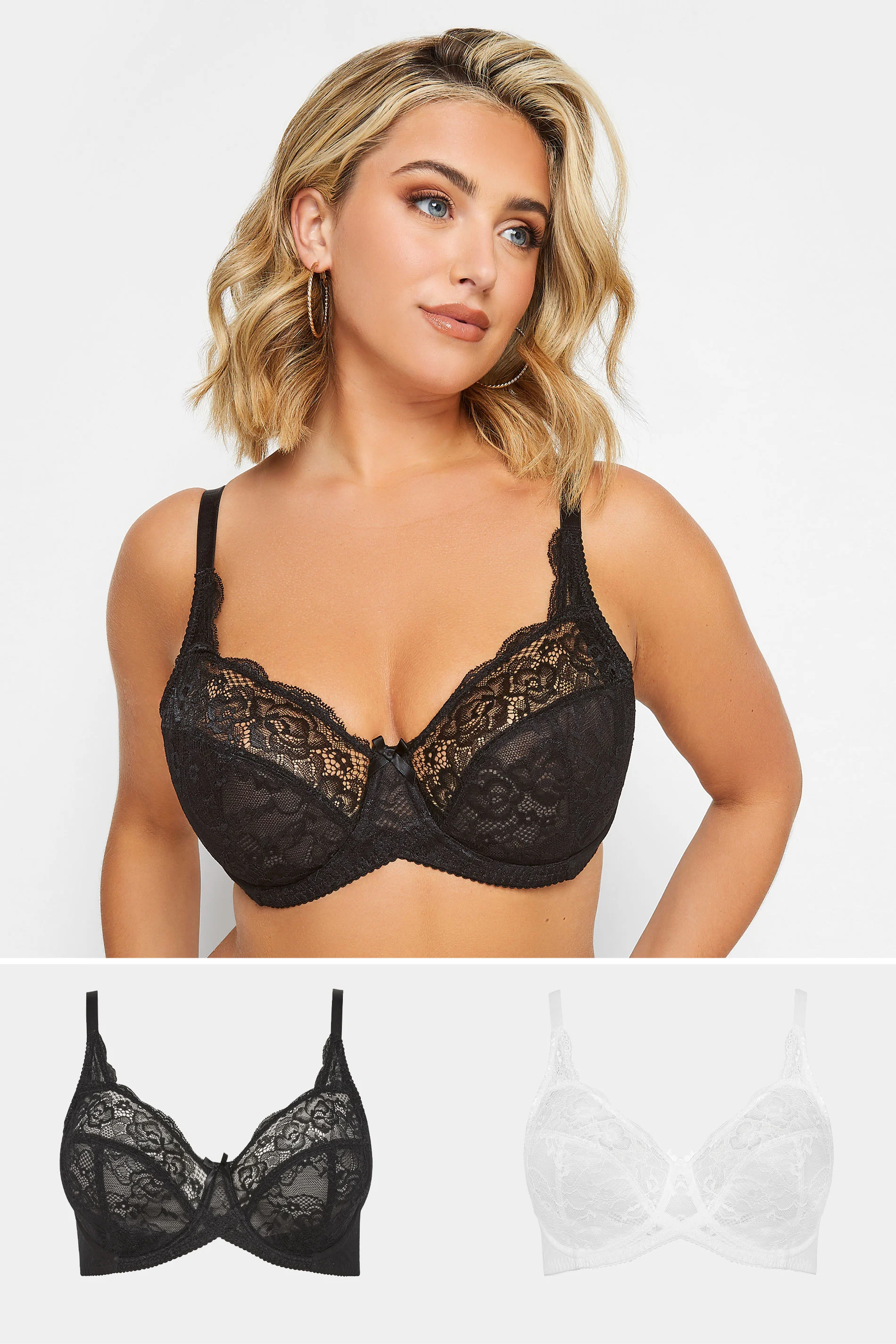 Yours YOURS 2 PACK Black & White Stretch Lace Non-Padded Underwired Balcony Bras