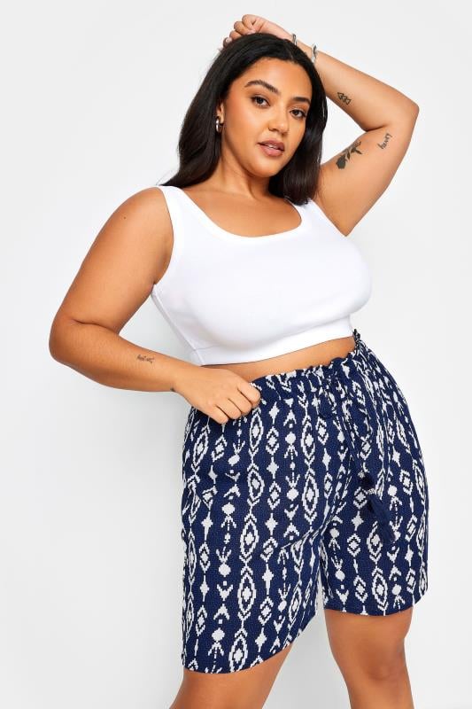 Yours YOURS Curve Navy Blue Ikat Print Crinkle Tassel Shorts