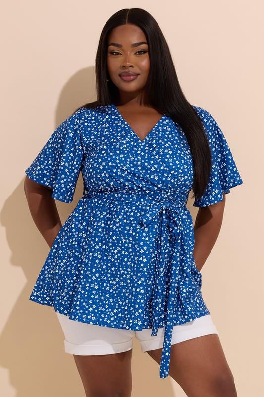 Yours YOURS Curve Blue Ditsy Floral Print Wrap Top