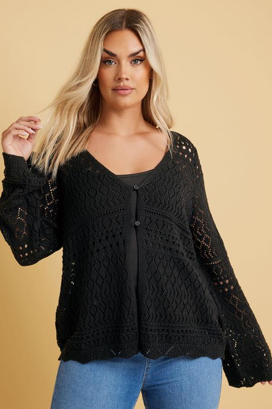 Yours YOURS Curve Black Crochet Button Through Cardigan