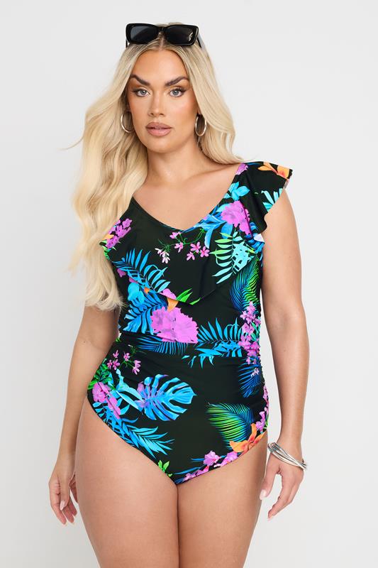 Yours YOURS Curve Black Tropical Palm Print Frilled Premium Swimsuit