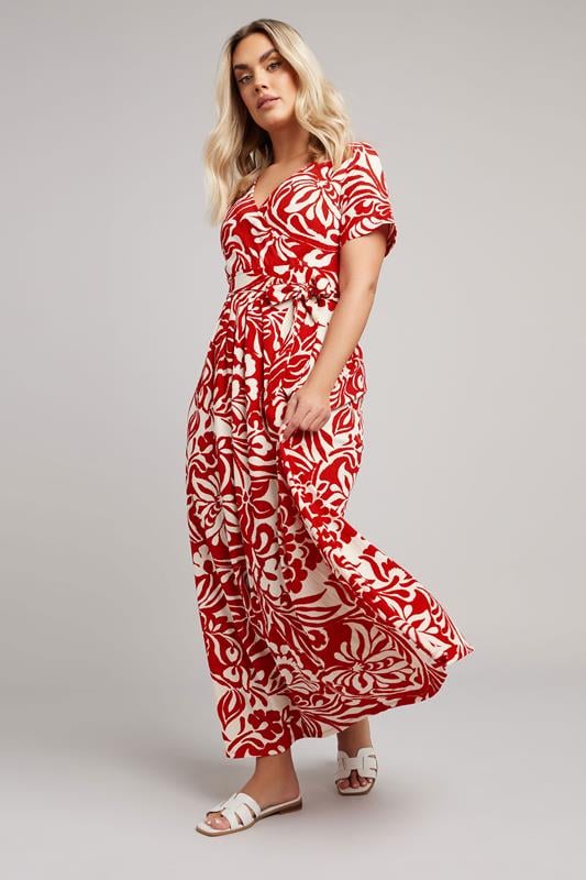 Yours YOURS Curve Red Floral Textured Wrap Dress