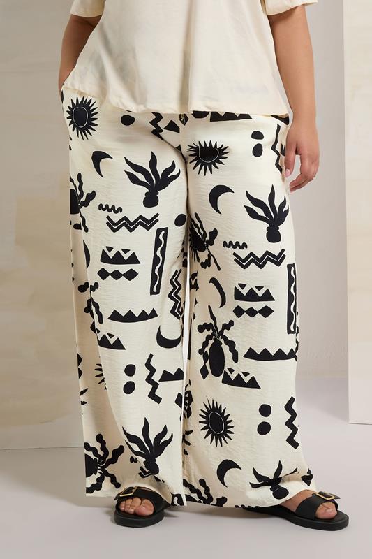 Yours YOURS Curve Cream Abstract Print Twill Wide Leg Trousers