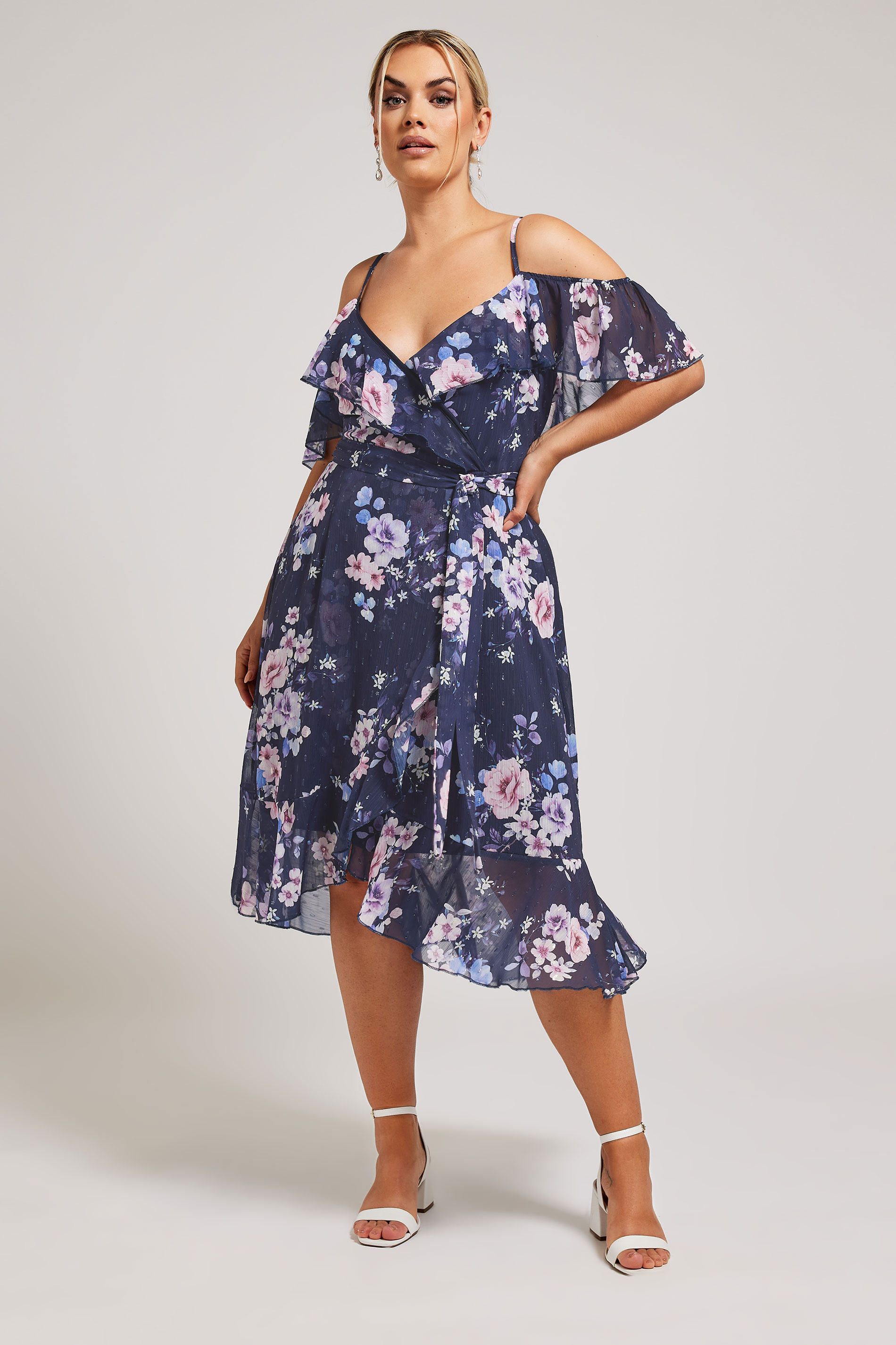 Yours London YOURS LONDON Curve Navy Blue Floral Print Ruffle Hem Dress