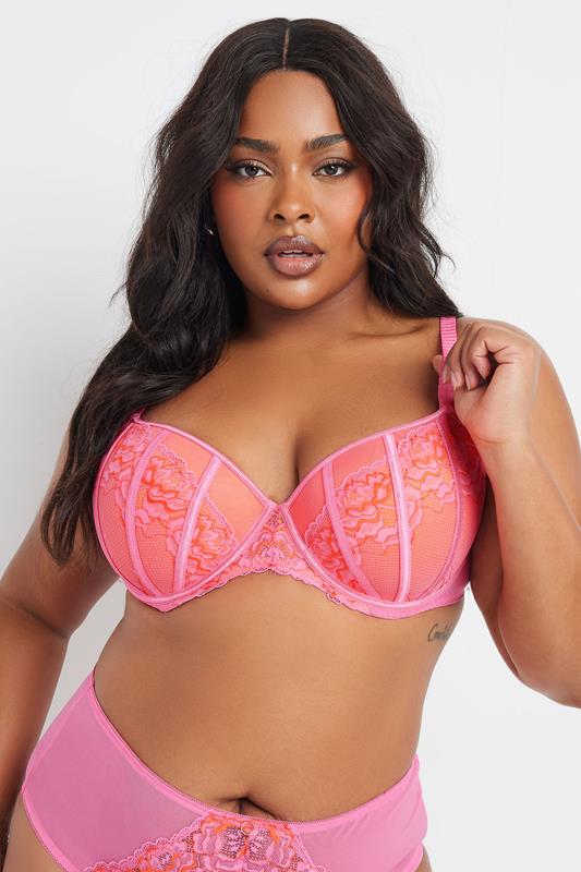 Yours YOURS Curve Pink Contrast Lace Padded Plunge Bra