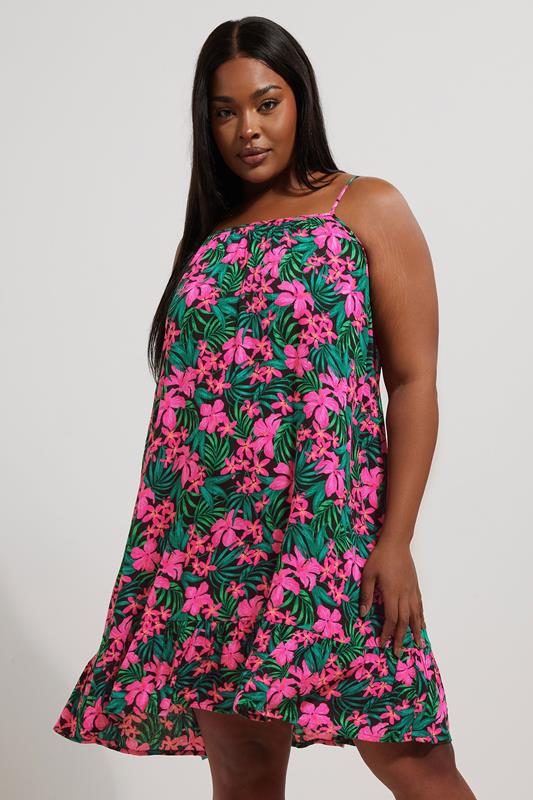 Yours YOURS Curve Black & Pink Floral Print Crinkle Mini Dress