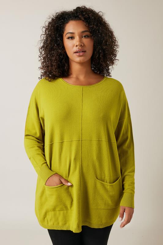 Evans EVANS Curve Chartreuse Green Pocket Front Knitted Jumper