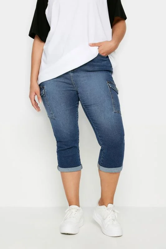 Yours YOURS Curve Mid Blue Denim Cropped Cargo Jeans
