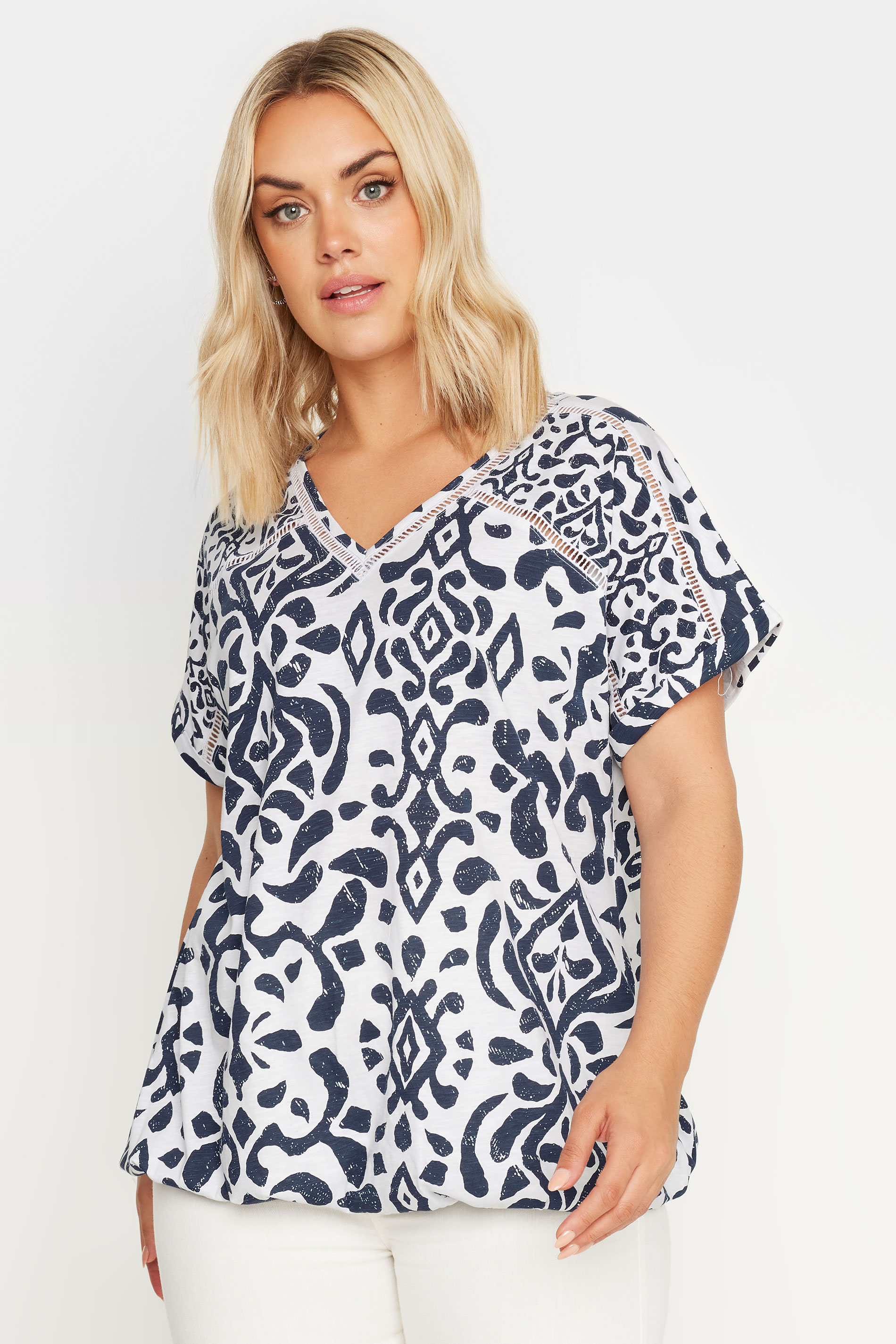 Yours YOURS Curve Blue Ikat Print Bubble Hem Top
