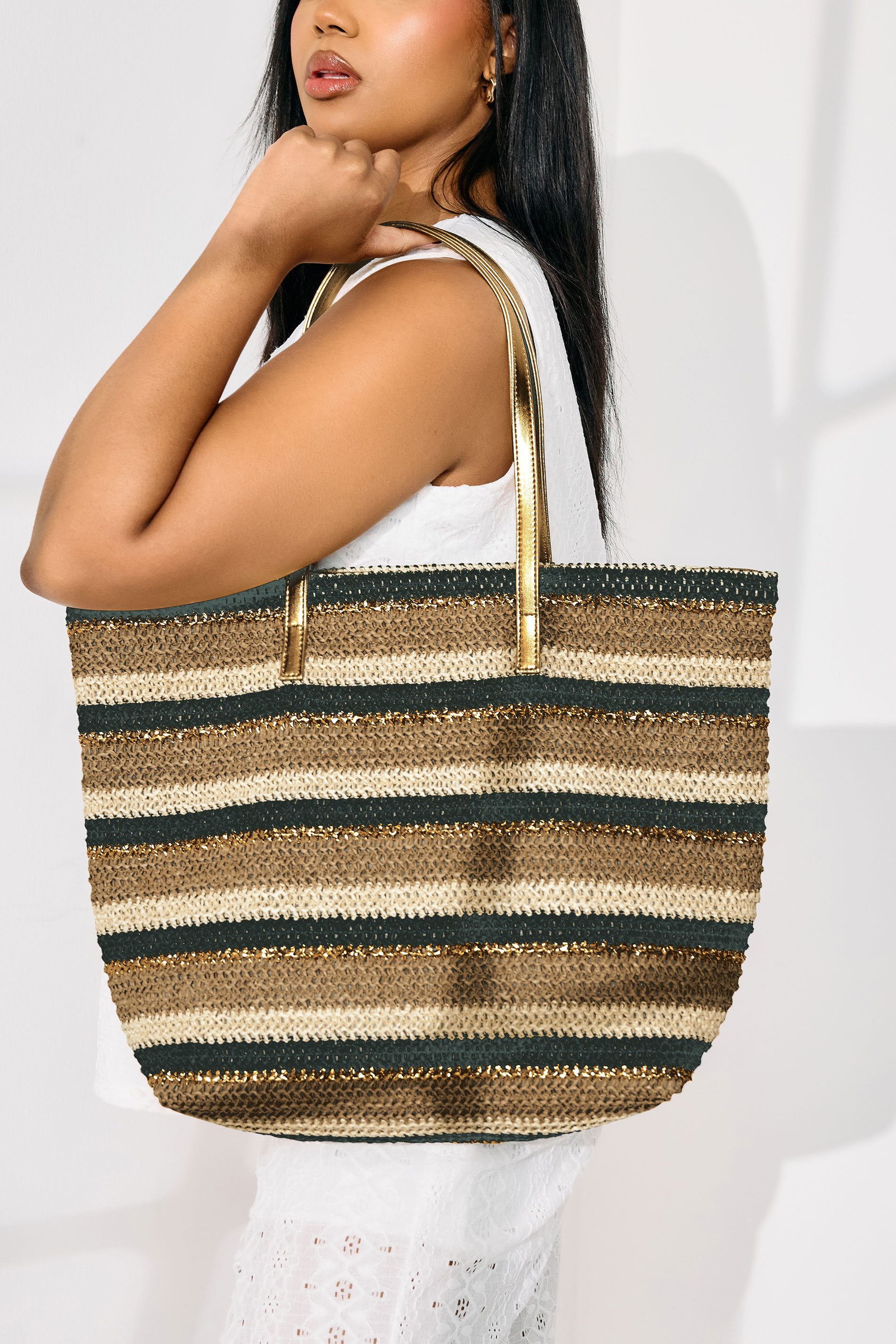 Yours Natural Brown Straw Stripe Tote Bag