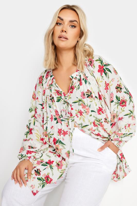 Yours YOURS Curve White Floral Print Tie Front Crochet Top