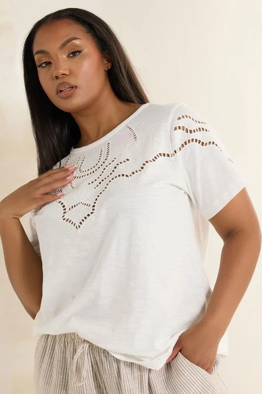 Yours YOURS Curve White Crochet Trim T-Shirt