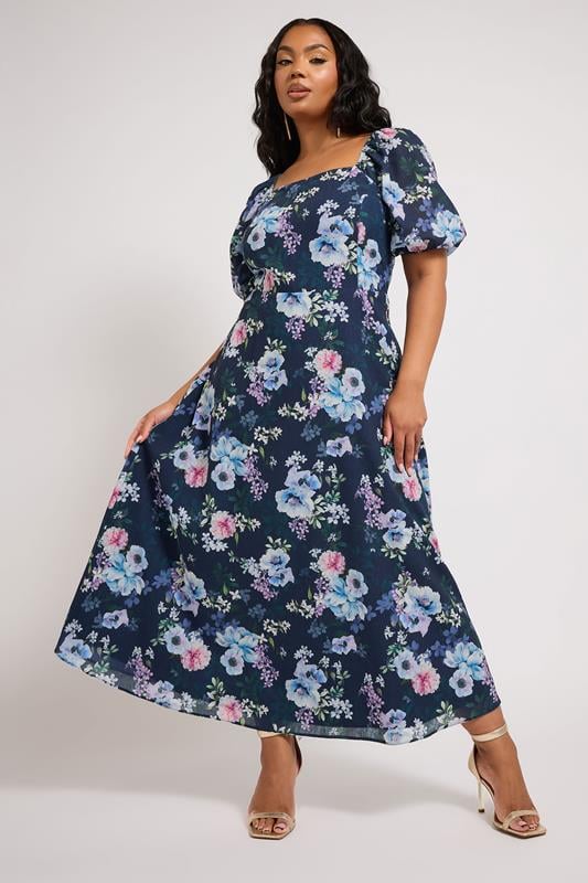 Yours London YOURS LONDON Curve Navy Blue Floral Print Linen Look Midaxi Dress
