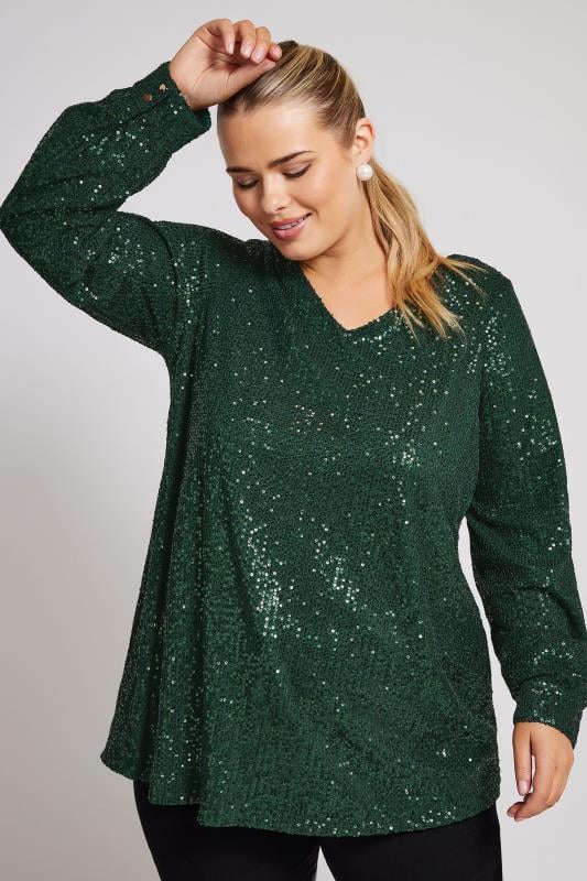 Yours London YOURS LONDON Curve Green Sequin V-Neck Top