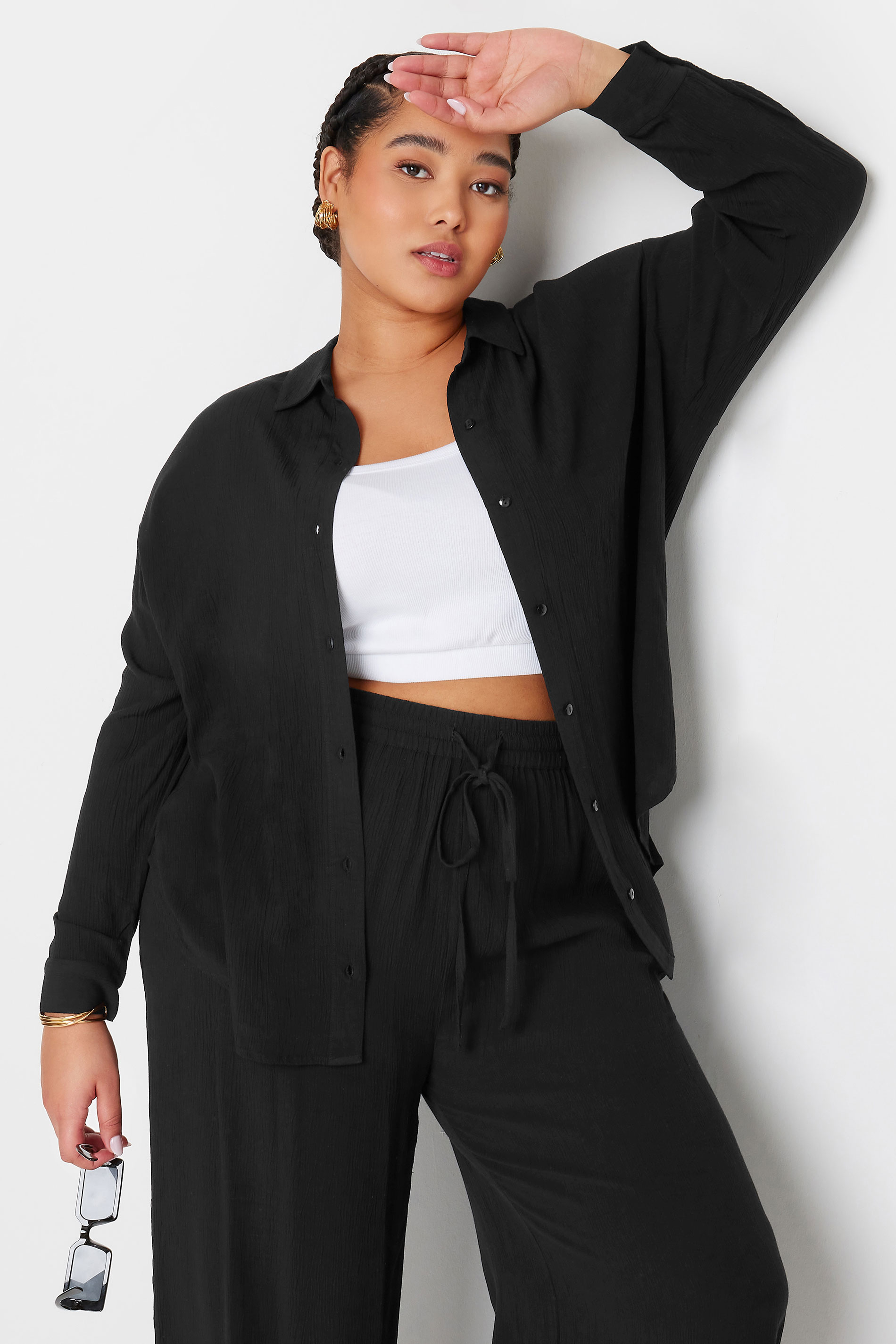 Yours YOURS Curve Black Crinkle Beach Shirt