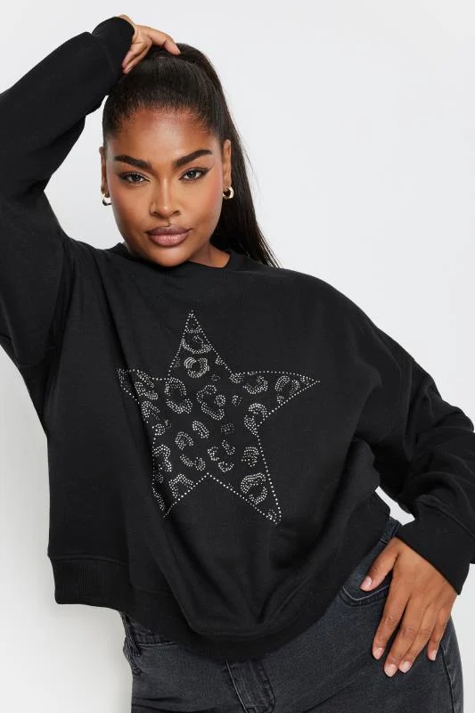 Yours YOURS Curve Black Diamante Leopard Print Sweatshirt