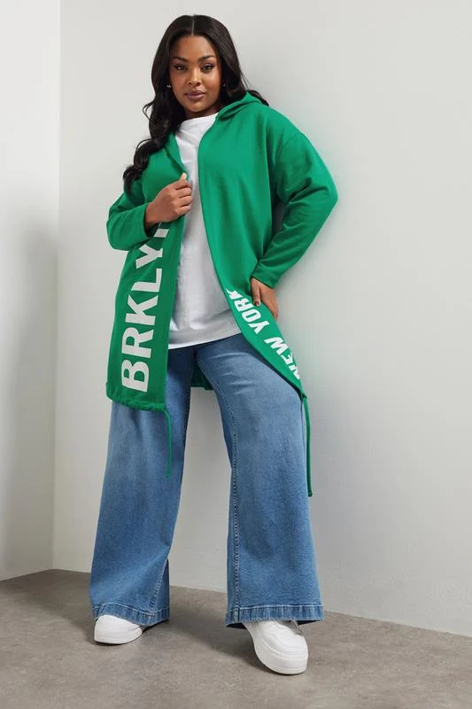 Yours YOURS Curve Green 'BRKLYN' Slogan Longline Hoodie