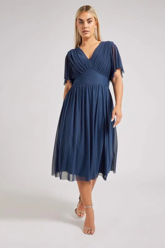 Yours London YOURS LONDON Curve Navy Blue Pleated V-Neck Mesh Midi Dress