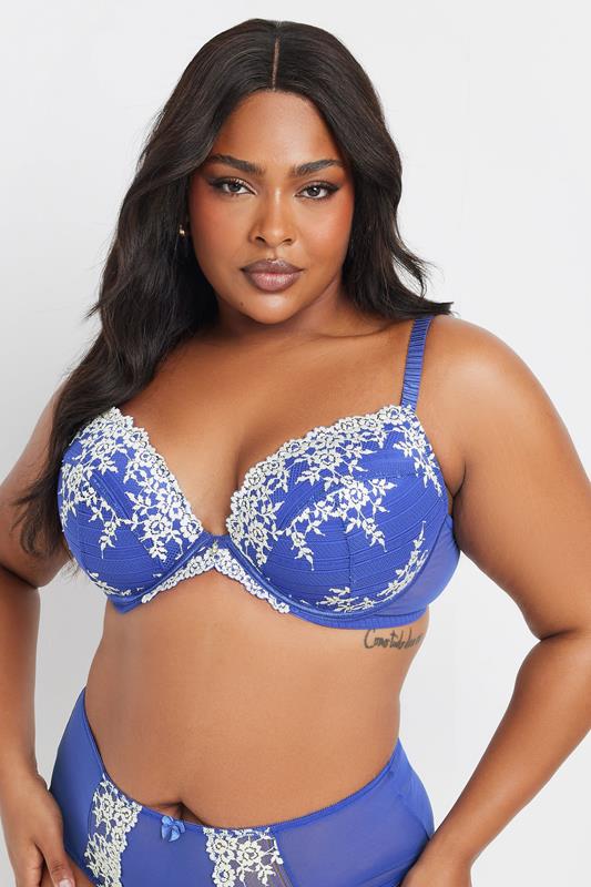 Yours YOURS Curve Blue Floral Embroidered Plunge Bra