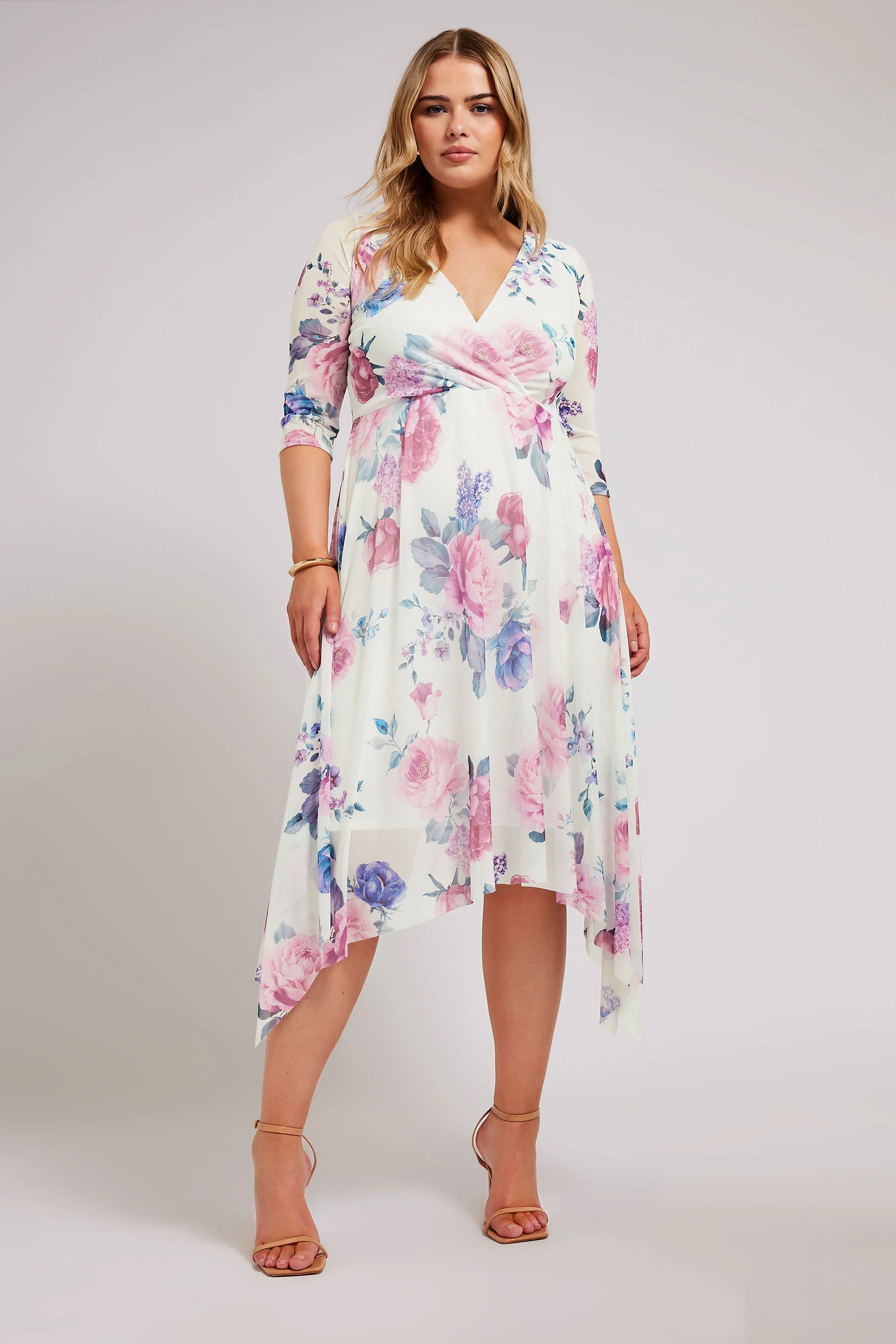 Yours London YOURS LONDON Curve White Floral Print Mesh Wrap Dress