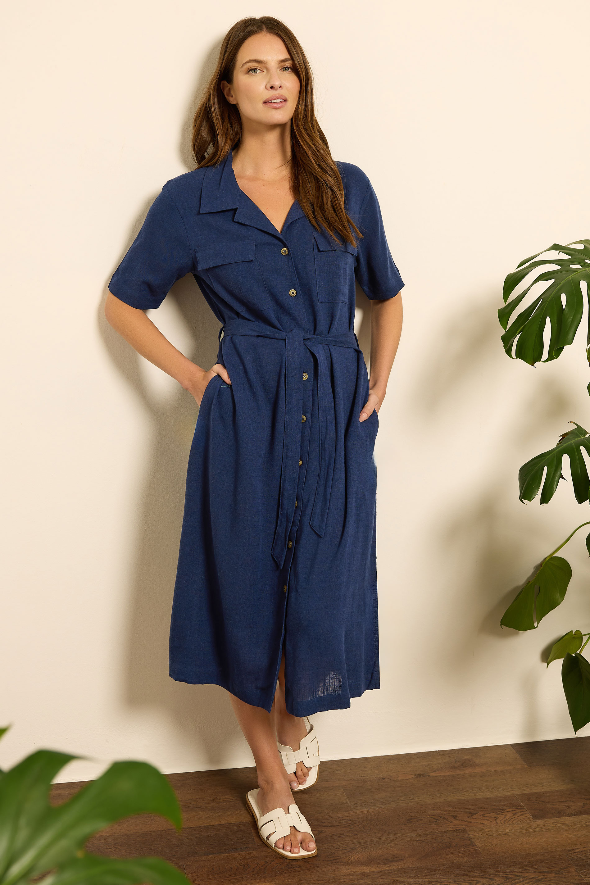 M&Co Womens M&Co Navy Blue Linen Shirt Dress