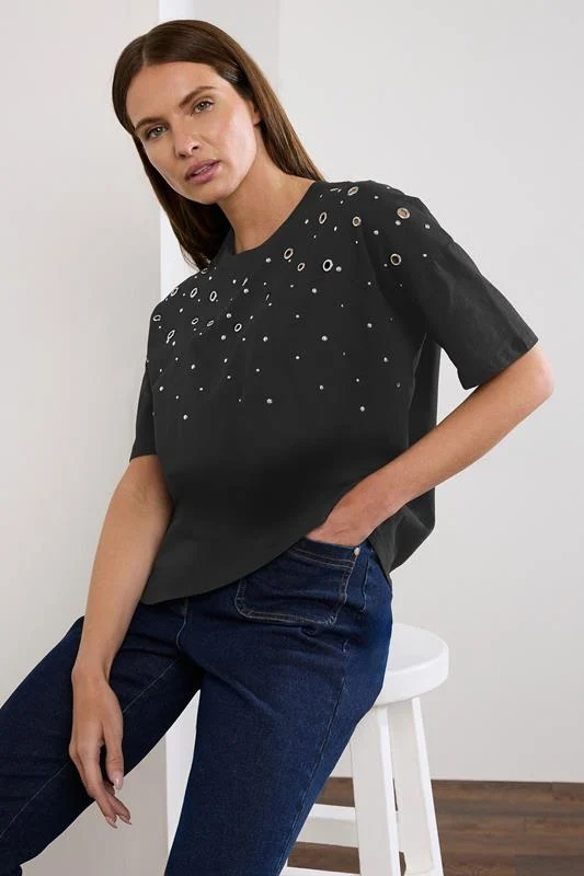 Star by Julien Macdonald STAR Black Eyelet Detail Short Sleeve T-Shirt