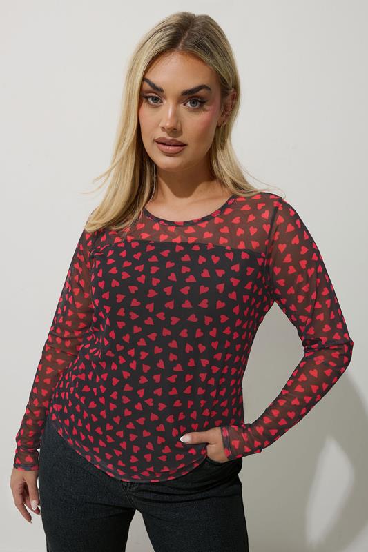 Limited Collection LIMITED COLLECTION Curve Black & Red Heart Print Mesh Top