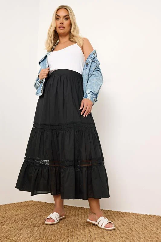 Yours YOURS Curve Black Cotton Tiered Maxi Skirt