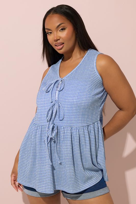 Yours YOURS Curve Blue Gingham Bow Tie Front Top