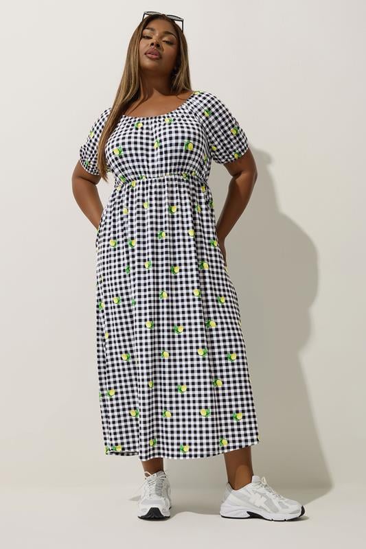 Limited Collection LIMITED COLLECTION Curve Black Lemon Gingham Print Bardot Dress